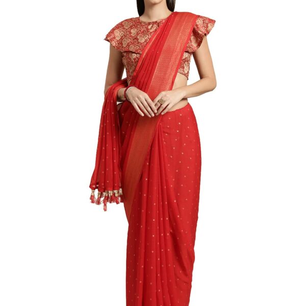 Rekha Maniyar Women's Silk Chiffon Viscose Border Printed Saree with Banarasi Blouse and Fancy Tassels