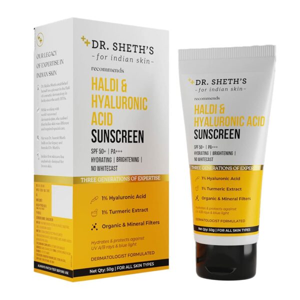 Dr. Sheth's Haldi & Hyaluronic Acid Sunscreen With 1% Hyaluronic Acid | Spf 50+ | Pa+++ | Protects Against Uva/Uvb & Blue Light | For Women & Men -50G - All Skin Type