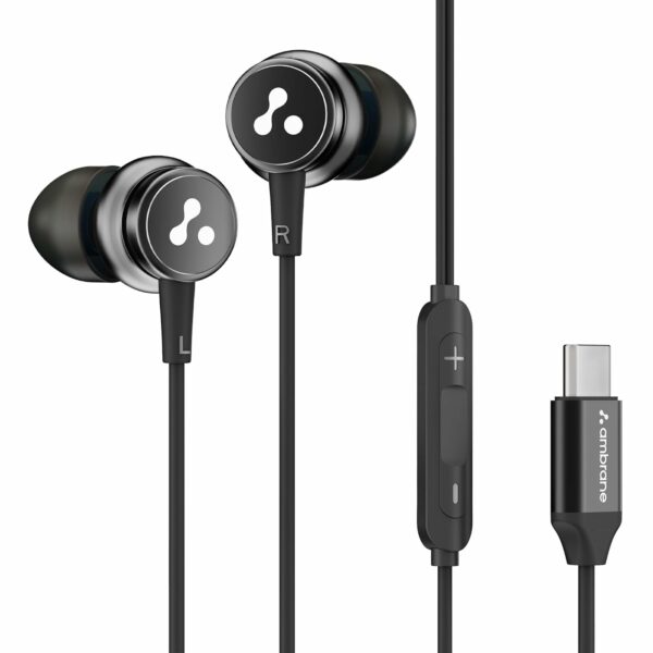 Ambrane Type C Wired in-Ear Earphones with in-Line Mic for Clear Calling, 1.2M Cable, 10Mm Dynamic Drivers for Boostedbass, Control Buttons for iPhone 15, Samsung&Type C Devices(Stringz 04, Black)