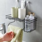 Zollyss Metal Bathroom Shower Caddy, Bathroom Shelf Wall Hanging Storage Organizer Kitchen Rack with Shampoo, Soap Holder and Towel Rack Hanger (Black) - (Pack of 1), Painted Finish, Plastic