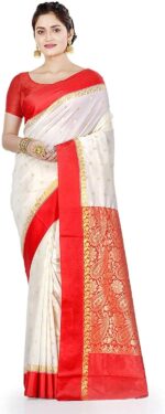 Aishwarya Sarees Women's Gorod Lal Paar Bengali Durga Puja In White And Red With Blouse Piece. Goroder Silk Saree. Soft & Lightweight