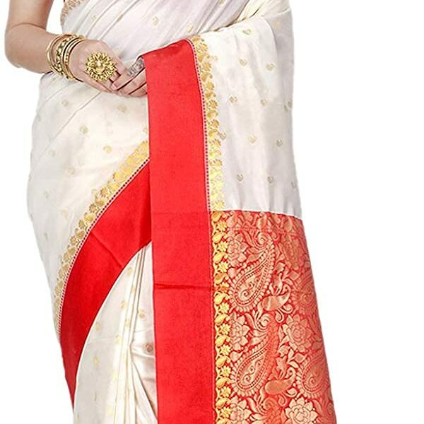 Aishwarya Sarees Women's Gorod Lal Paar Bengali Durga Puja In White And Red With Blouse Piece. Goroder Silk Saree. Soft & Lightweight