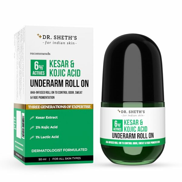 Dr. Sheth’s KESAR & KOJIC ACID UNDERARM ROLL-ON| 6% Actives -AHA, Kojic Acid & Niacinamide |Controls Body Odor, Sweat & Fade Pigmentation |For All Skin Types| Aqua Fragrance| For Men & Women| Aluminium & Alcohol Free| 50ml