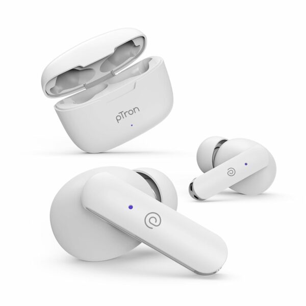 pTron Bassbuds Duo in Ear Earbuds with 32Hrs Total Playtime, Bluetooth 5.1 Wireless Headphones, Stereo Audio, Touch Control TWS, with Mic, Type-C Fast Charging, IPX4 & Voice Assistance (White)