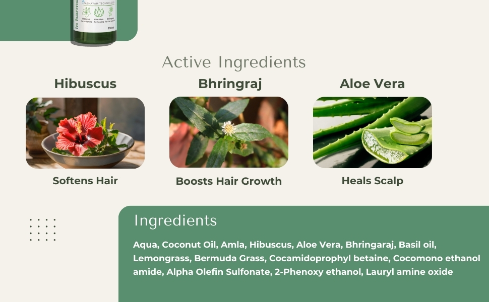 Active ingredients, hibuscus, bhringraj,aloevera, softens hair, boosts hair growth