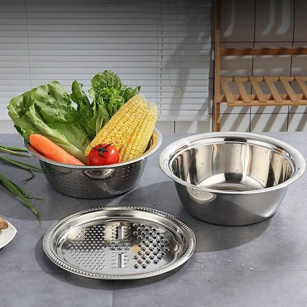 Kitchen Multipurpose Grater Bowl with Drain Colander Grater Mesh Basket 3 in 1 Stainless Steel Basin Vegetable and Fruit Washing Bowl Strainer Cutter Salad Maker Set (26cm)