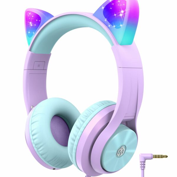 iClever Kids Headphones for Girls Gift Over Ear Headphones, Wired Cat Ear Led Light Up Children Headphones,94dB Volume Limited Foldable Earphones for Kids School, Travel, Music