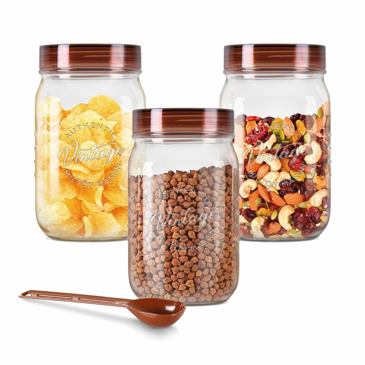 MILTON Vintage Airtight Containers with Spoons for Kitchen Storage, Food Grade Plastic, Stackable & Transparent Organizer Jars, Masala Dabba, Set of 3 (750ml each) for Tea, Coffee, Sugar, Dry Fruits