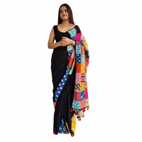 Save As अतरंगी Saree Black - Unique 100% Cotton Reclaimed Fabric Saree Without Blouse