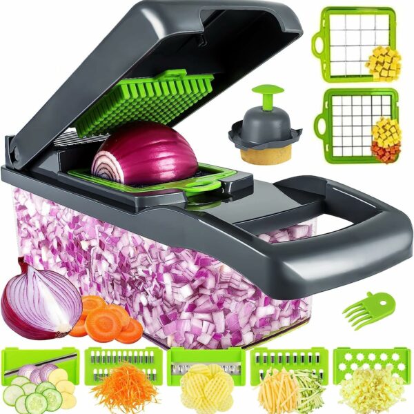 ELMVIA Vegetable Chopper, Pro Onion Chopper, Multifunctional 14 in 1 Food Chopper, Kitchen Vegetable Slicer Dicer Cutter,Veggie Chopper with 8 Blades,Carrot and Garlic Chopper (14 in 1 Chopper)