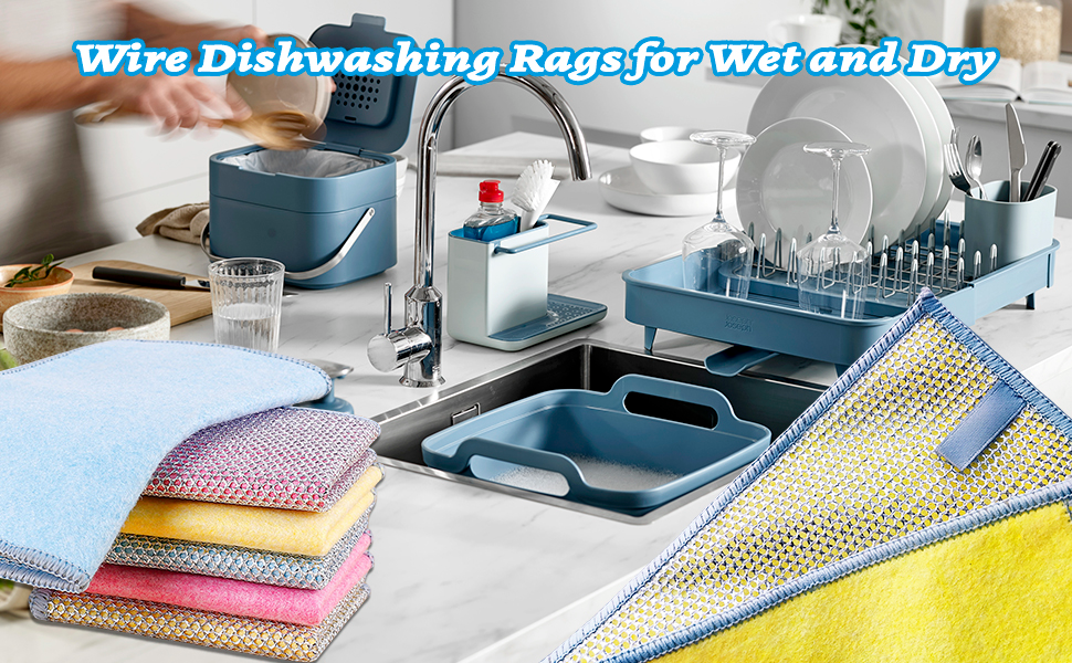 Assorted wire dishwashing rags for wet and dry cleaning tasks.