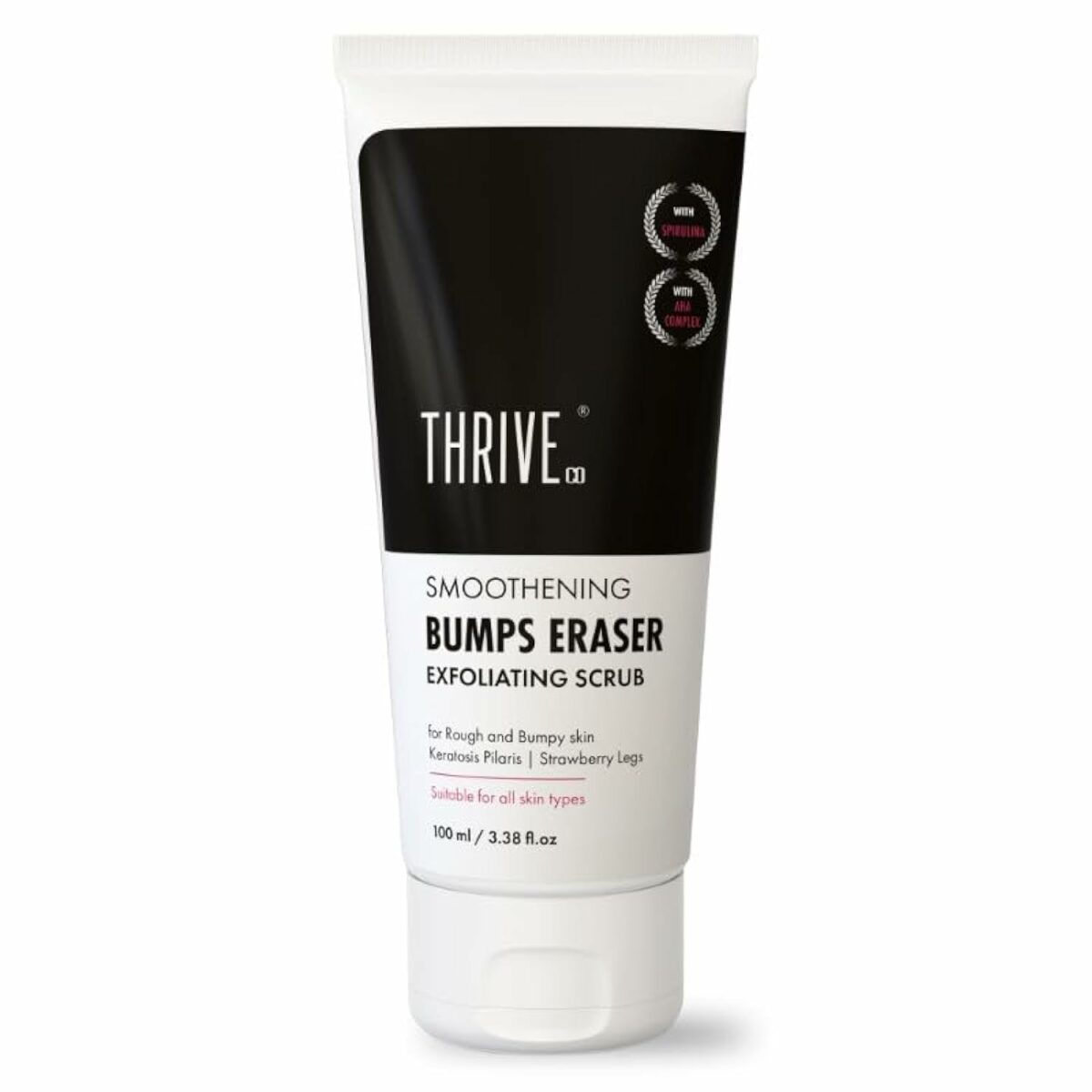 ThriveCo Smoothening Bumps Eraser Exfoliating Body Scrub For Bumpy & Dry Skin, Strawberry Legs, Keratosis Pilaris & Ingrown Hair | Glycolic Acid, Lactic Acid & Spirulina | For Men & Women | All Skin Types | 100ml