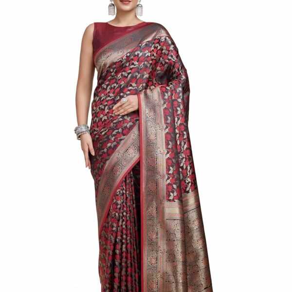 Monjolika Fashion Women's Traditional Banarasi Satin Silk Woven Zari work Saree Comes With Unstitched Blouse Piece.