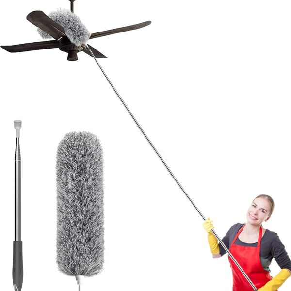 Hallstatt 2024 Upgraded Long Handle Microfiber Feather Ceiling Duster For Dust Cleaning Extendable Pole 30-100 Inch For Cleaning High Cobweb Stick High Ceiling Fan - Stainless Steel,Grey