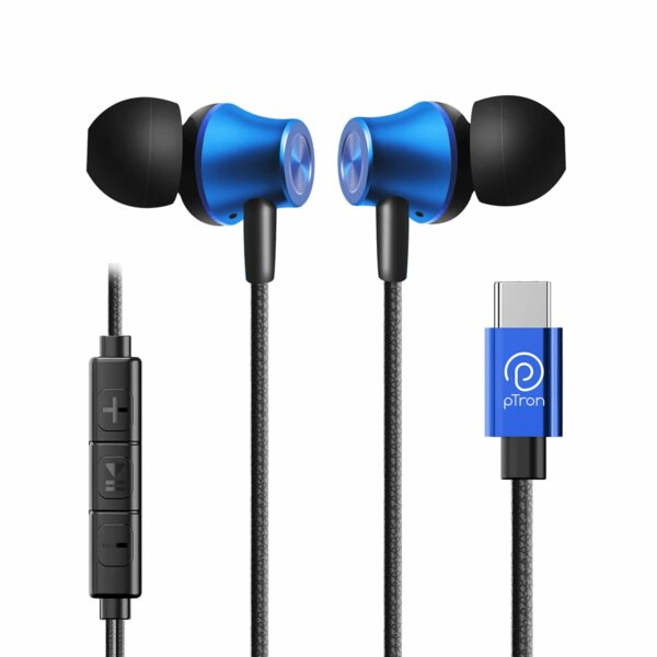 pTron Boom Play in-Ear Type C Wired Headphones with Mic, 10mm Drivers for Immersive Audio, 1.2m Fish Scale Style Tangle-Free Cable, in-line Controls, Metal Buds, Snug-fit & Wide Compatibility (Blue)