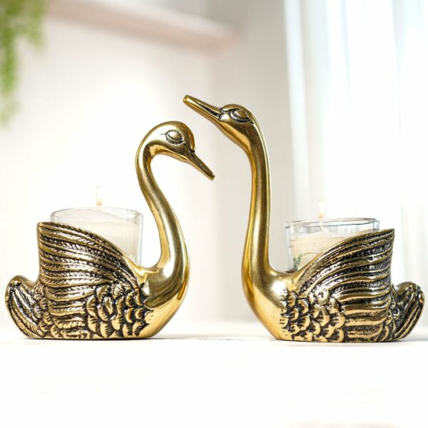 BEHOMA Metal Pair of Swans for Good Luck and Love|Candle Holder for Home Decor Tabletop Living Room Office|Showpiece Vastu Statue for Gifting (Candles/Plants Etc Not Included), Gold