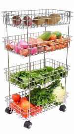 Privesh Stainless Steel Modern Kitchen Storage Rack Folding Perforated Design Trolley Spice Fruits and Vegetable Onion Potato Organizer Stand Trolley with Wheel Kitchen Trolley (4 Layer Trolley)