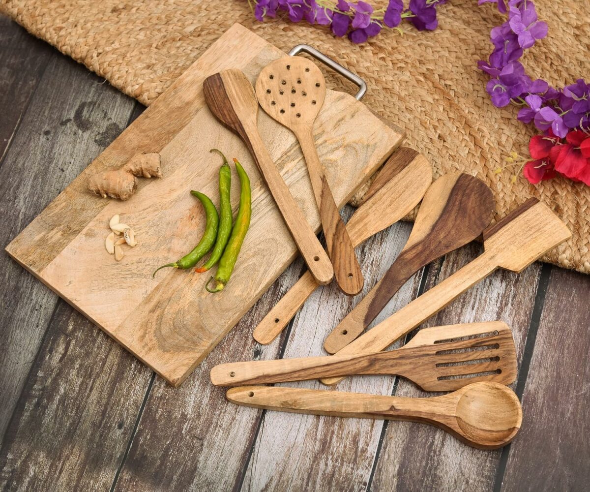 Flavoma Natural Sheesham Wood Spoon Set of 7 | Handmade Cooking Spoon Set | Wooden for Nonstick Cookware Kitchen Utensils | Kitchen Utensils, Frying Spoon Ladles & Turning Spatula