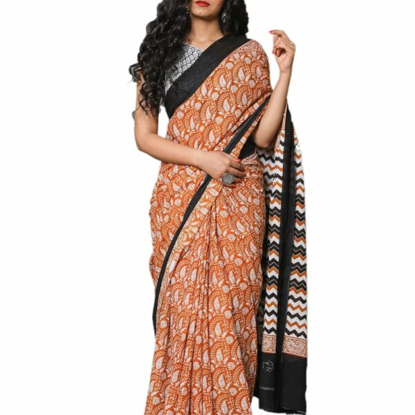 Tropwear Handicrafts Women's Ikat Hand Block Print Jaipuri Cotton Mulmul Saree with Blouse Piece