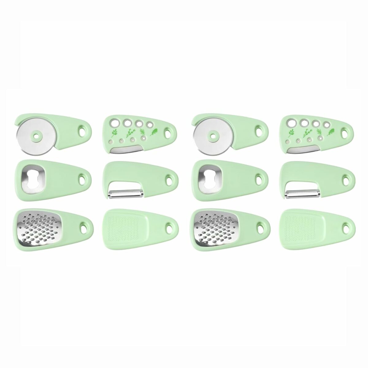 YELONA Multipurpose Kitchen Gadgets Set 6 Pieces, Space Saving Cooking Tools- Grater, Peeler, Garlic/Ginger Grinder, Bottle Opener, Pizza Cutter, Herb Stripper