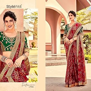 Women maroon red bandhni saree for wedding, lace border saree