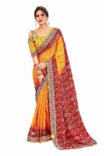 LAMI Women's Traditional Chiffon Bandhani Saree with beautiful matching lace border and Designer Embroidery Blouse Piece