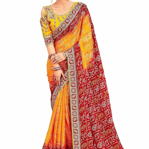 LAMI Women's Traditional Chiffon Bandhani Saree with beautiful matching lace border and Designer Embroidery Blouse Piece