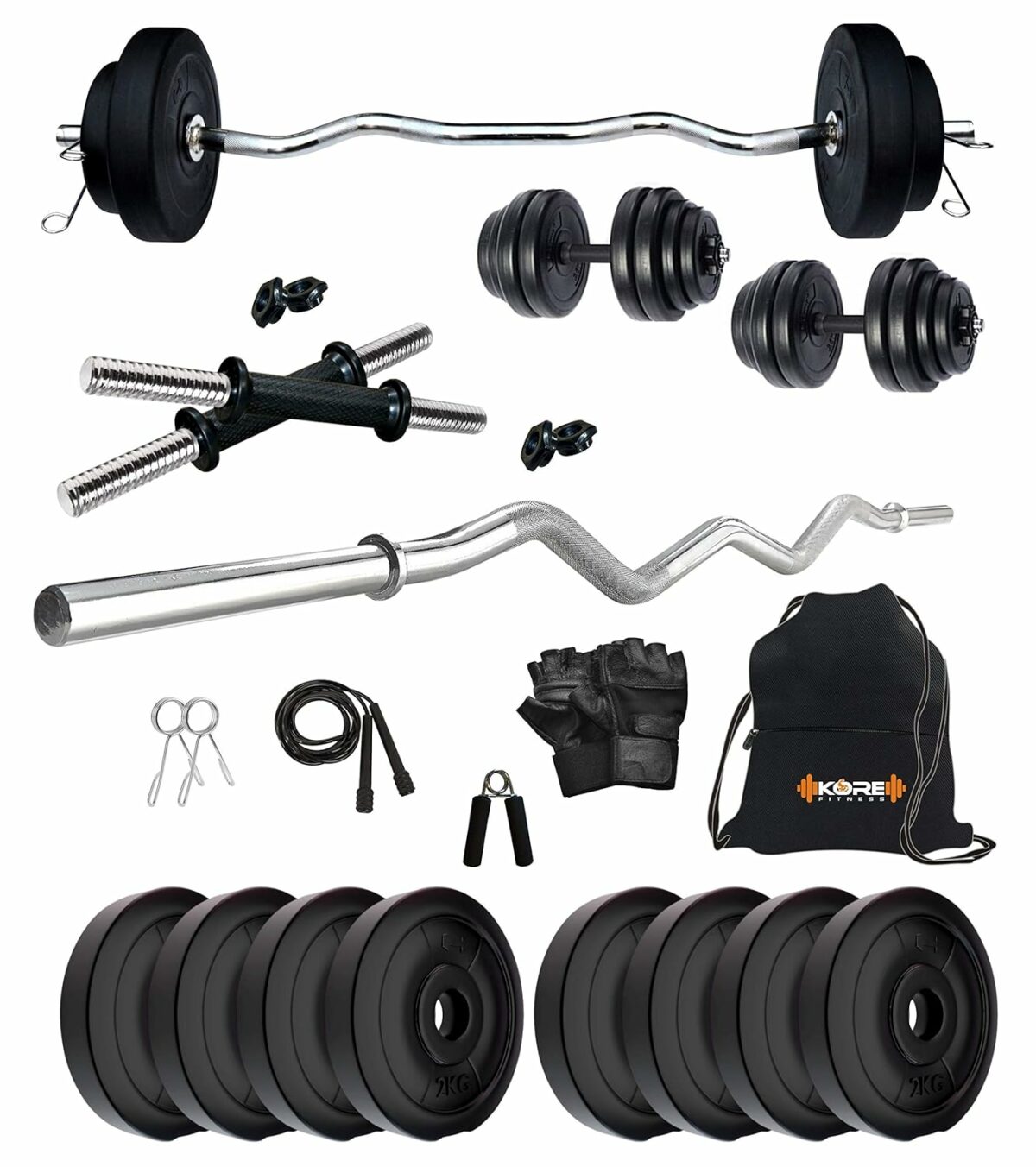 Kore PVC 16 Kg Home Gym Set With One 3 Ft Curl And One Pair Dumbbell Rods With Gym Accessories, Black