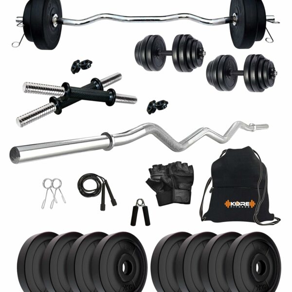 Kore PVC 16 Kg Home Gym Set With One 3 Ft Curl And One Pair Dumbbell Rods With Gym Accessories, Black