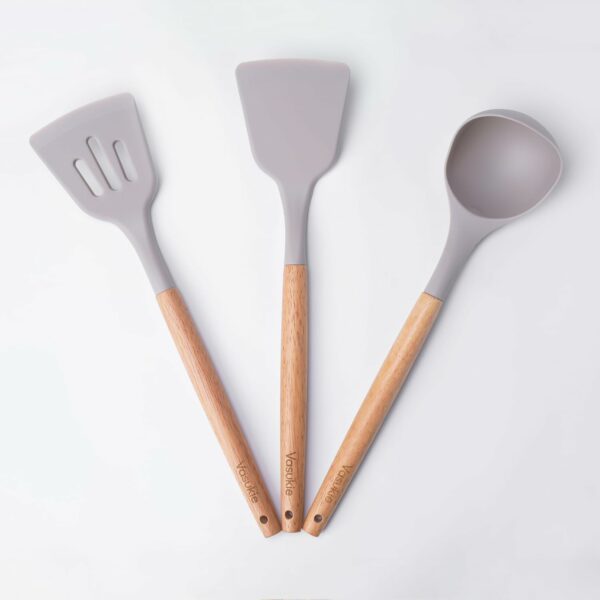 Vasukie Silicone Spatula Set with Wooden Handle for Kitchen | Spatula Silicone Set for Non Stick Pan | Kitchen Accessories Items | Kitchen Tools Set of 3 (Beige) (Beige)