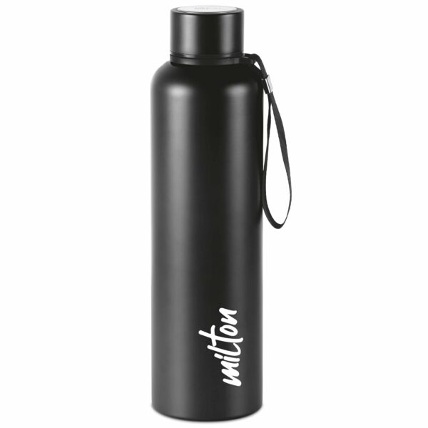 Milton Aura 1000 Thermosteel Bottle, 1050 ml Water Bottles, 24 Hours Hot and Cold, Easy to Carry, Easy Grip, Rust Proof, Tea, Coffee, Office, Travel Bottle, Black