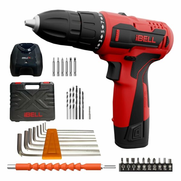 IBELL 12V Cordless Drill Driver CD12-74|17 Settings (+1 Mode setting)|1450 RPM|10mm Keyless Chuck|LED Light |2-Speed Mode|1500mAh Battery|32 Accessories|Perfect for Home & DIY Projects