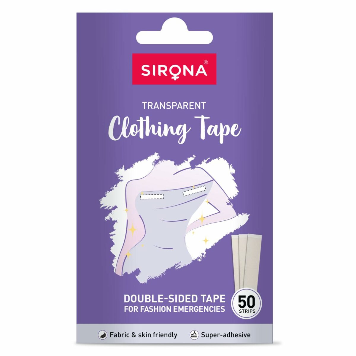 Sirona Women Fashion Tape for Clothes, Double Stick Strips – 50 Strips | Clothing & Body, Strong and Clear Tape for All Skin Tones and Fabric, Waterproof & Sweat proof, Bra Tape Strips