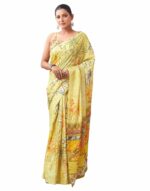 SIRIL Women's Cotton Linen Floral Printed Ready To Wear One Minute Saree With Unstitched Blouse Piece (29RS270_Yellow)