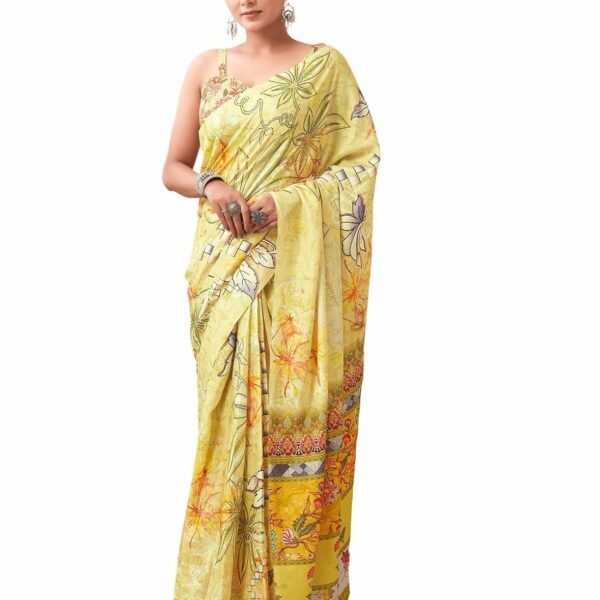 SIRIL Women's Cotton Linen Floral Printed Ready To Wear One Minute Saree With Unstitched Blouse Piece (29RS270_Yellow)