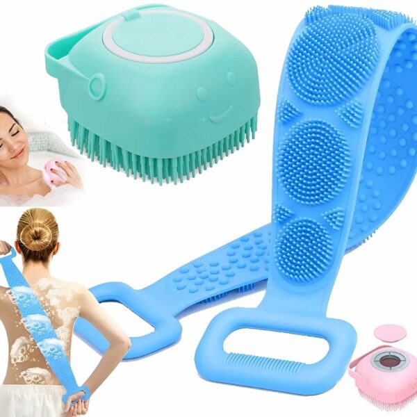 (2pcs Combo of 2-in-1) Silicone Body Massage Bath Brush with Soap Dispenser and Silicon Body Back Scrubber & Massager for Deep Cleaning, Exfoliating& Massaging Hair Scalp & Body(Multicolor)