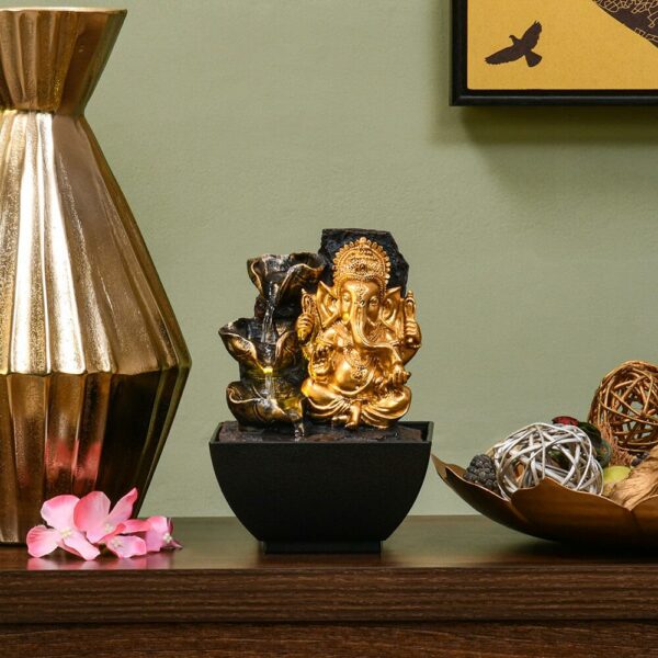 @Home by Nilkamal Ganesha Idol Polyresin Decorative Water Fountain for Home Decoration, Office, Table Decor and Gifting in Gold and Brown