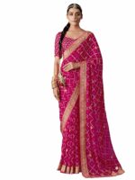 AKHILAM Women's Bandhani Printed & Embroidery Work In Lace Georgette Saree With Unstitched Blouse Piece (AMYA101_SR_Parent)