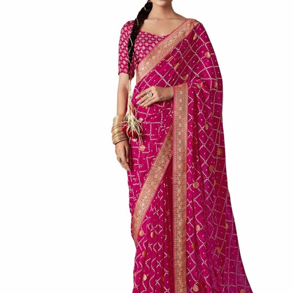 AKHILAM Women's Bandhani Printed & Embroidery Work In Lace Georgette Saree With Unstitched Blouse Piece (AMYA101_SR_Parent)