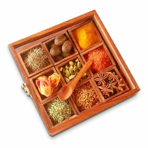 AMARA ARTISTRY Premium Sheesham Wooden Masala Box for Kitchen - Handmade Wooden Spice Box with Spoon | 9 Removable Containers | Masala Dabba, Wooden Jewelry Box