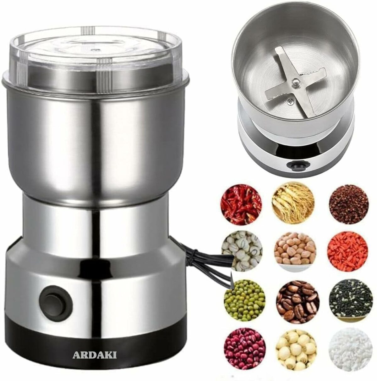 ARDAKI Grinder Machine for Kitchen Mixer Grinder Multi Functional Coffee Herbs Spices Nuts Grain Seasonings Spices Mill Powder Machine Stainless Steel Mixie for Kitchen (Mixer_Grinder_200)