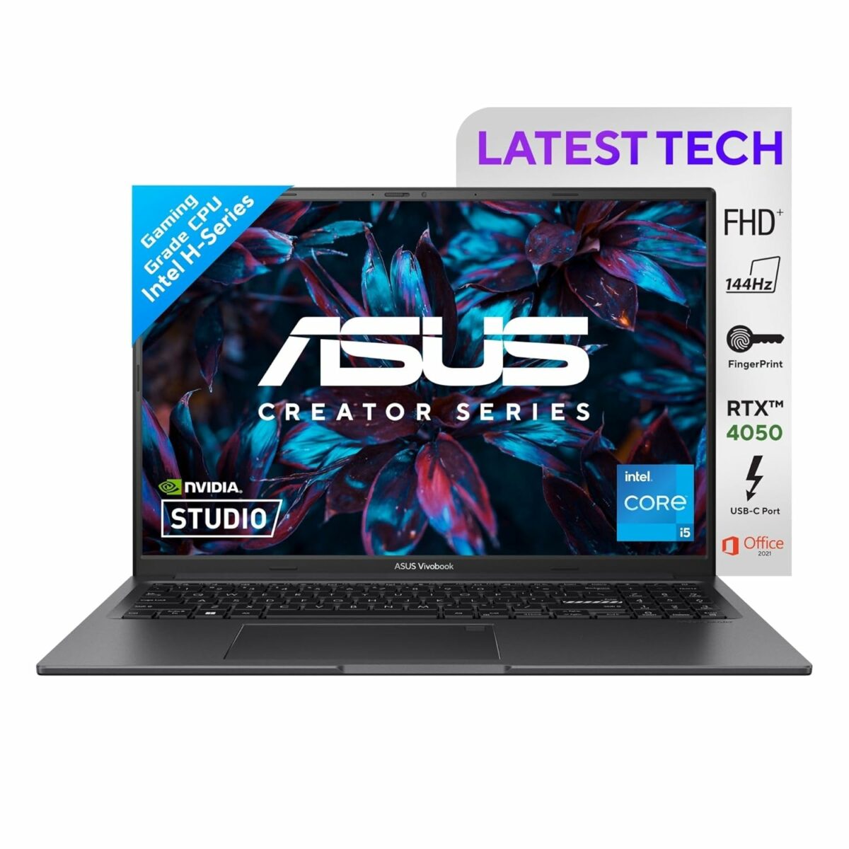 ASUS Vivobook 16X, 16" FHD+, 144Hz 300nits, Intel Core i5-12500H 2.5 GHz, Creator/Gaming Laptop (16GB RAM/512GB SSD/RTX 4050/win 11/Office Home/70WHr Battery/Indie Black/1.80 kg), K3605ZU-RP304WS