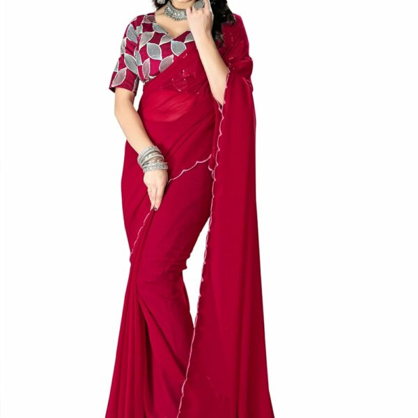 AVIRAT DESIGNER STUDIO Womens Georgette Saree With Embroidary Work Blouse With Cut-Work Border (Red)