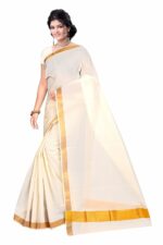 Ambika Stores Women's Cotton Blend Kerala Kasavu Solid Plain Golden Zari Border Saree with Blouse Piece