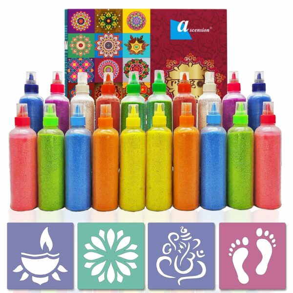 Ascension 24 Rangoli Colour Powder Tube Kit Diwali Decoration Items Bottles Tool Floor Art Rang for Home Navratri Pongal Pooja Mandir Decor Colors Design Creativity DIY