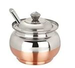 Attachh Copper Coated Base Stainless Steel Ghee Pot With Spoon | Copper Coated Stainless Steel Ghee Jar for Kitchen |Oil Container With Lid,Spoon For Pooja Items (100 ML Pack of 1)