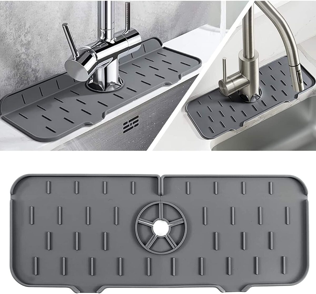 BROWNARROW Kitchen Faucet Sink Splash Guard, Silicone Faucet Water Catcher Mat – Sink Draining Pad Behind Faucet, Rubber Drying Mat for Kitchen & Bathroom Countertop Protect (Grey)