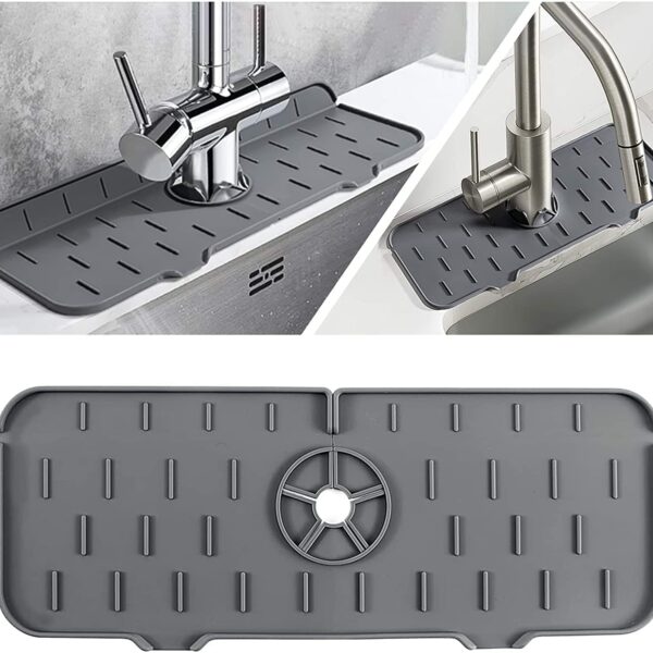 BROWNARROW Kitchen Faucet Sink Splash Guard, Silicone Faucet Water Catcher Mat – Sink Draining Pad Behind Faucet, Rubber Drying Mat for Kitchen & Bathroom Countertop Protect (Grey)