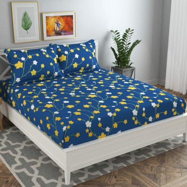 BSB HOME 120 TC Double Abstract Floral Bedsheet with 2 Pillow Covers | 110 GSM Soft Brushed Microfiber - Breathable & Wrinkle Free - (86 X 88 Inch, Dark Blue & Yellow & White) - Aspire Collections