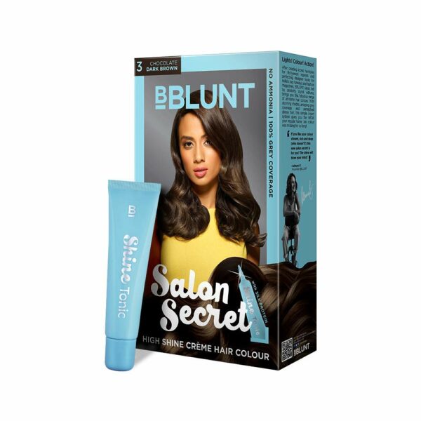 Bblunt Salon Secret High Shine Crème Hair Colour, 100g - Chocolate Dark Brown 3 (Pack Of 1) With Shine Tonic, 8ml